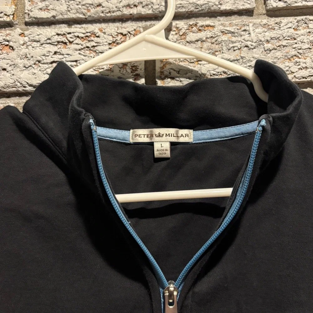 Peter Millar Mens Black Cotton Quarter Zip Pullover Light Blue Trim L Golf Loo